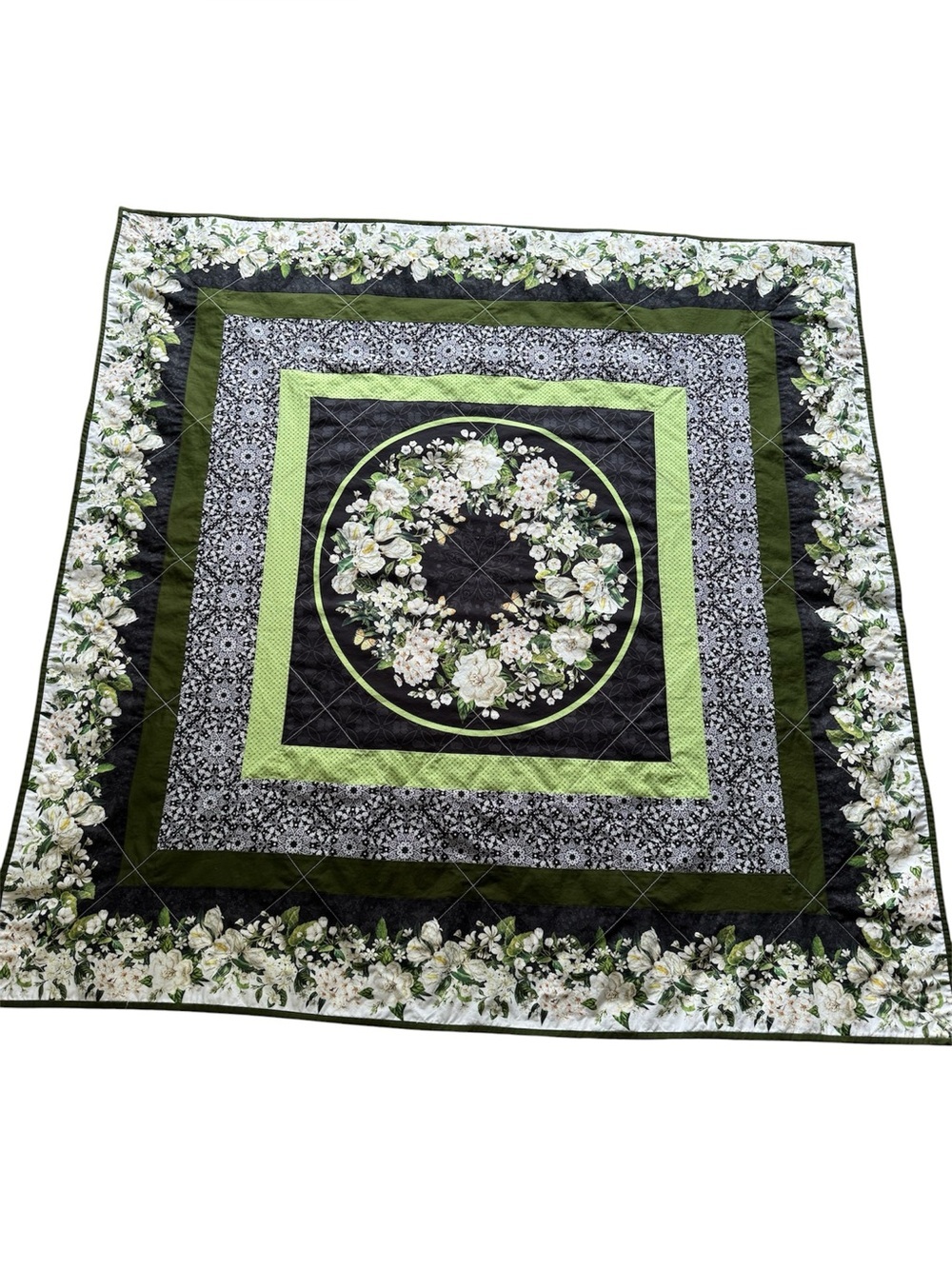 Butterfly Green Black White Bouquet Pattern Northcott Fabrics Lap Quilt 49”